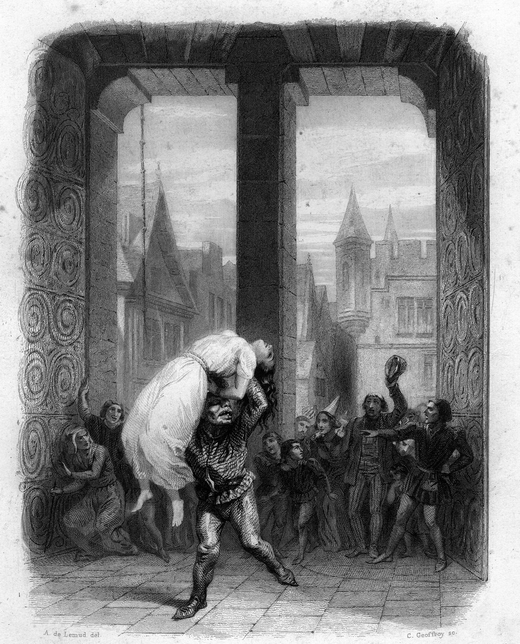 Quasimodo zachraňuje Esmeraldu. Ilustrace 1844 Notre Dame de Paris od Victora Huga. od Unknown artist