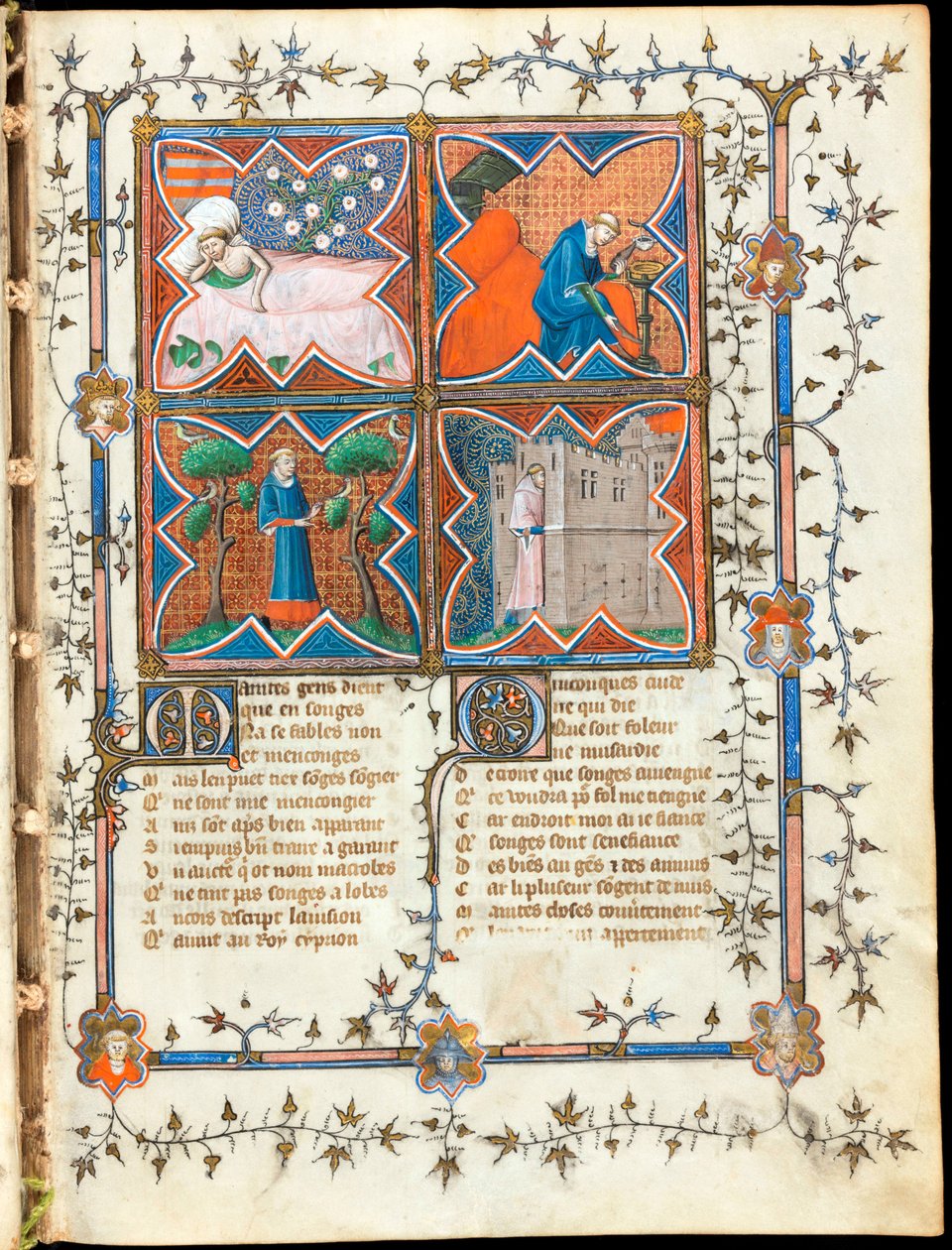 "Čtyři muži zaneprázdněni různými činnostmi"" iluminovaná stránka z rukopisu ""Le Roman de la Rose"" Guillaume de Lorris (kolem 1200-1238) a Jean de Meun (Meung) (1240-1305) kolem 1353 Švýcarsko, Ženevská knihovna od Unknown artist