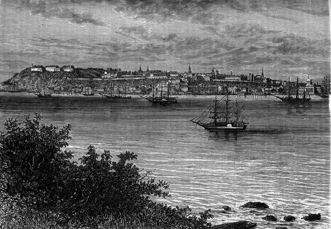 Quebec City, Kanada, z pravého břehu řeky St. Lawrence (St. Lawrence). Rytina do „“Le Journal de la jeunesse““ od Unknown artist