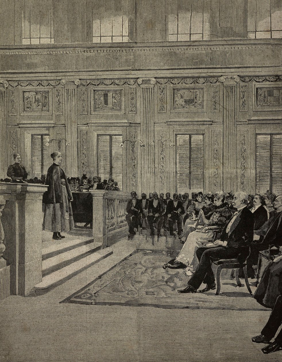 Královna Margherita Savojská (1851-1926) na koncertě v Istituto dei ciechi, Milán, Itálie, kresba E. X. z L