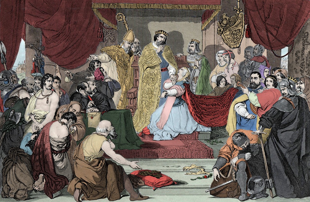 Královna Philippa při přímluvě Edwarda III. za životy měšťanů z Calais - Královna Angeleterre Philippa z Hainaut (1314-1369), obhájkyně měšťanů z Calais před svým manželem králem Edwardem III. od Unknown artist