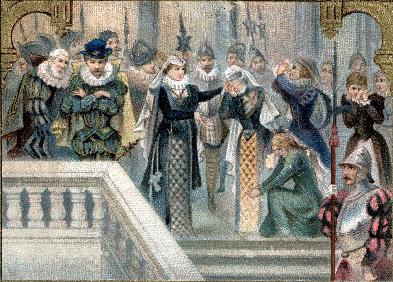 Skotská královna Marie Stuartovna (1542-1587) se naposledy rozloučila s dvorními dámami. Pozdní chromolitografie 19. století. od Unknown artist