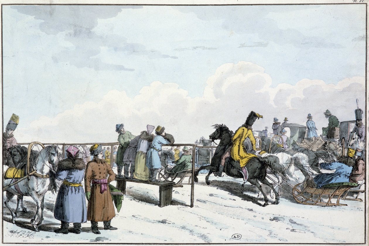 Závod tanků a koní v Rusku - rytina od Unknown artist