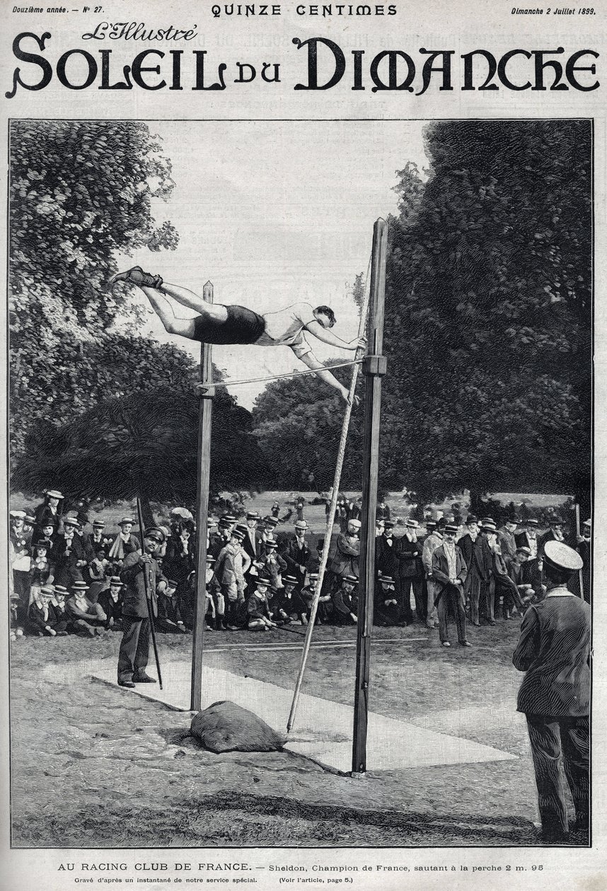 Závodní klub Francie. Sheldon, mistr Francie, skáče 2,95 m na skok a la Perche. Rytina v „“Le sun-du-dimanche“, 2. července od Unknown artist