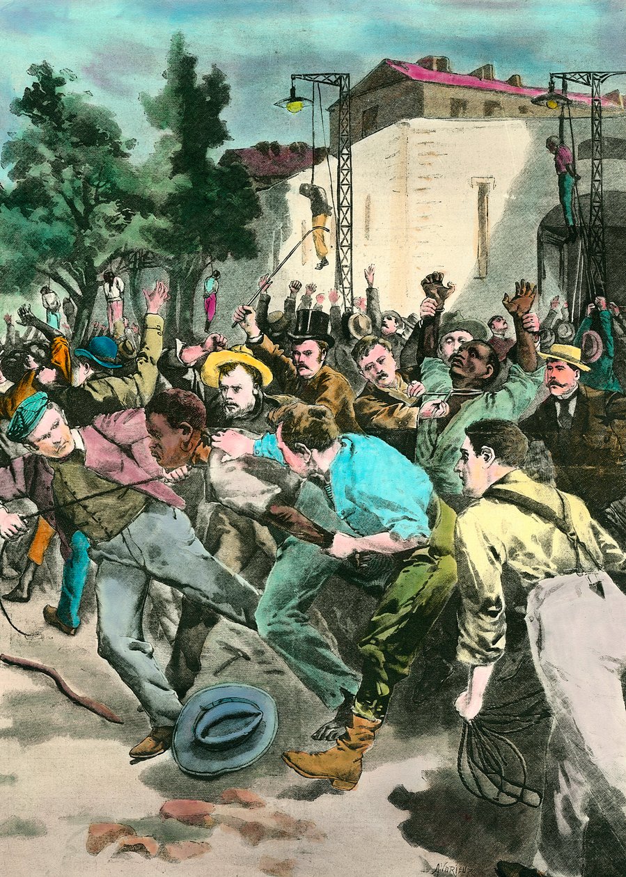 Rasistická scéna: Lynčování černochů ve Spojených státech obviněných ze zabíjení bílých lidí. Rytina 19. století. od Unknown artist