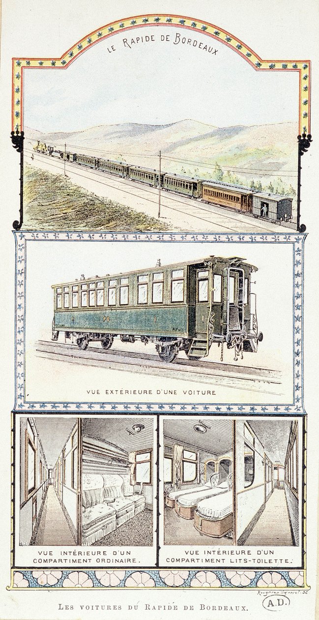 Železnice Orléans: vnější a vnitřní pohledy na vozy Bordeaux Rapid od Unknown artist