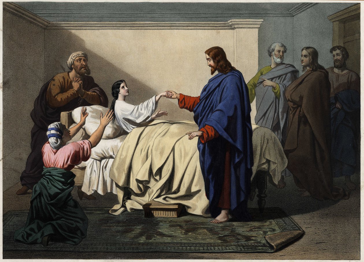 Výchova Jairovy dcery - Ježíš zachrání Jairovu dceru (Jairus nebo Jairos). Anonymní rytina z konce 19. století. od Unknown artist