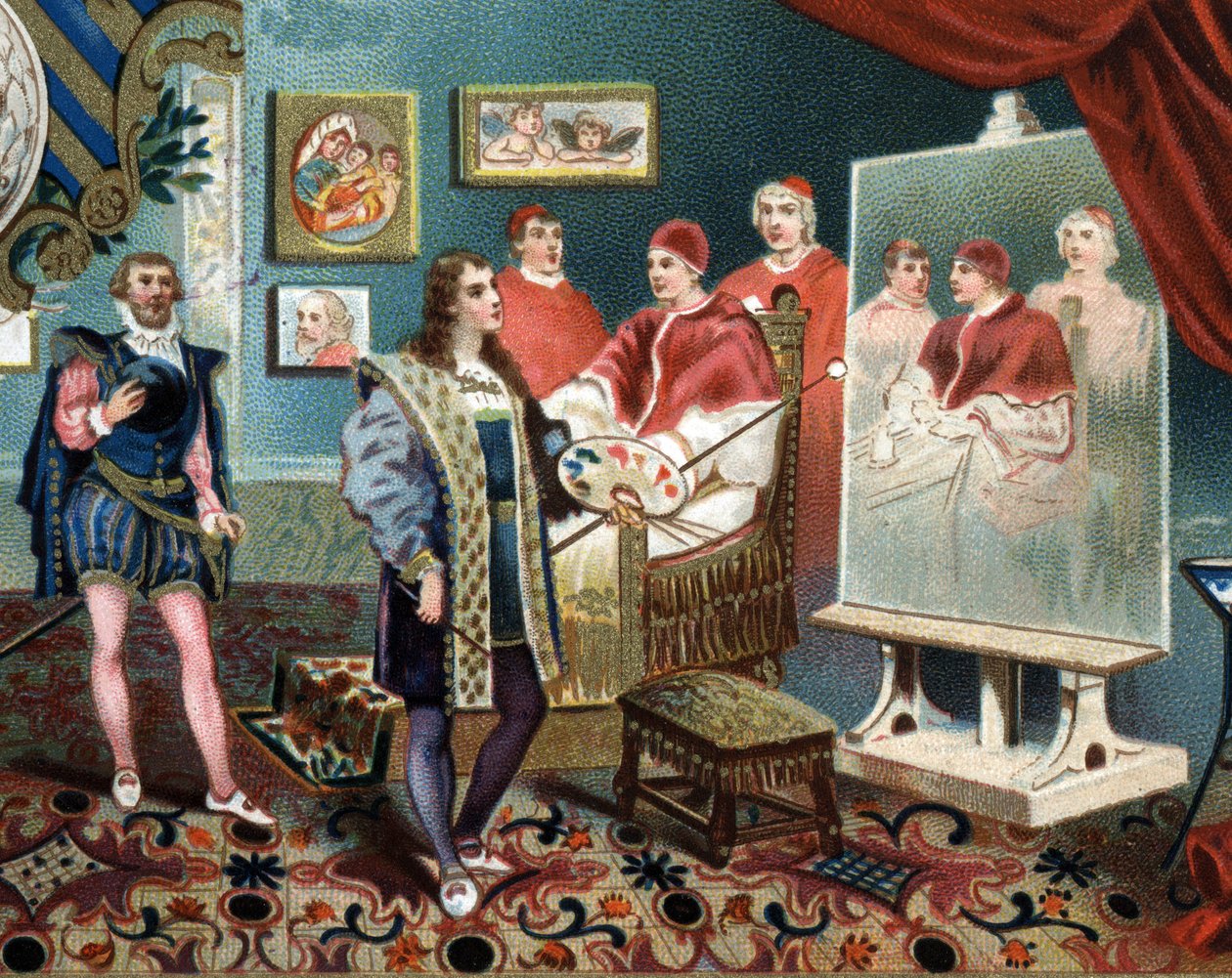 Raphael (Raffaello Sanzio) pracující na portrétu papeže Leona X (leone 10) obklopuje kardinály Jules de Medicis (Giulio) (papež Klement VII. od Unknown artist
