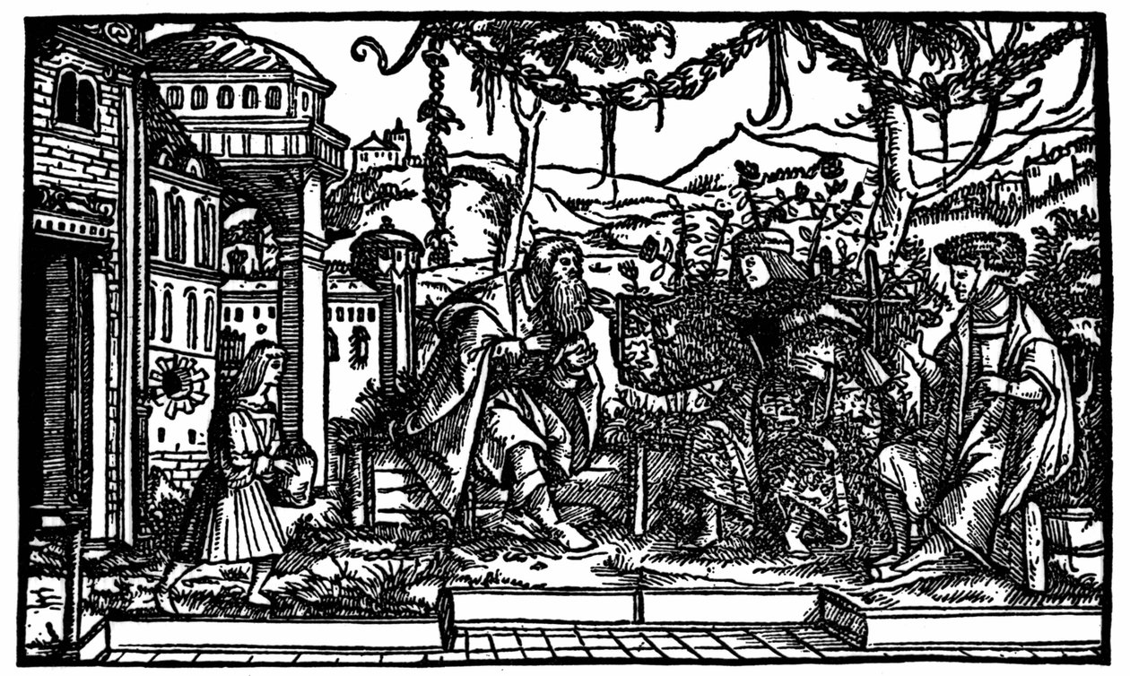 Raphaël Hythlodée, cestovatel, který strávil pět let v Utopii, vypráví Thomasi Moreovi a Pierru Gillesovi o své cestě. Xylografie vydaná v edici „Utopia“ od Thomase Morea (1478 - 1535) z roku 1516. od Unknown artist