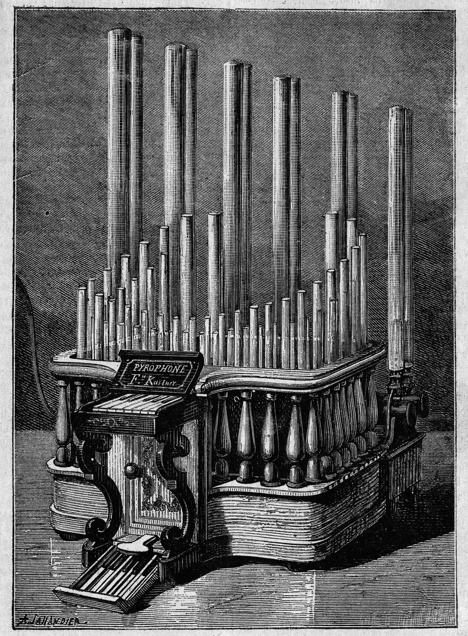 Vzácné nebo imaginární nástroje: Pyrofon neboli „zpívající plameny“ od Frederica Kastnera (nástroj, který generuje plameny poháněné plynovými tryskami). od Unknown artist