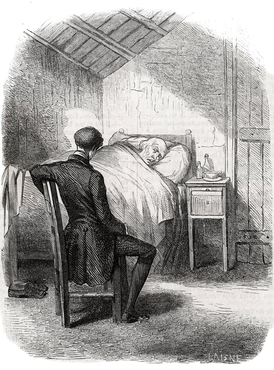 Rastignac zůstal sám poblíž starého muže, seděl u nohou postele... Rytina z poloviny 19. století. Ilustrace k „Otec Goriot“ od Honore de Balzac (1799-1850). od Unknown artist