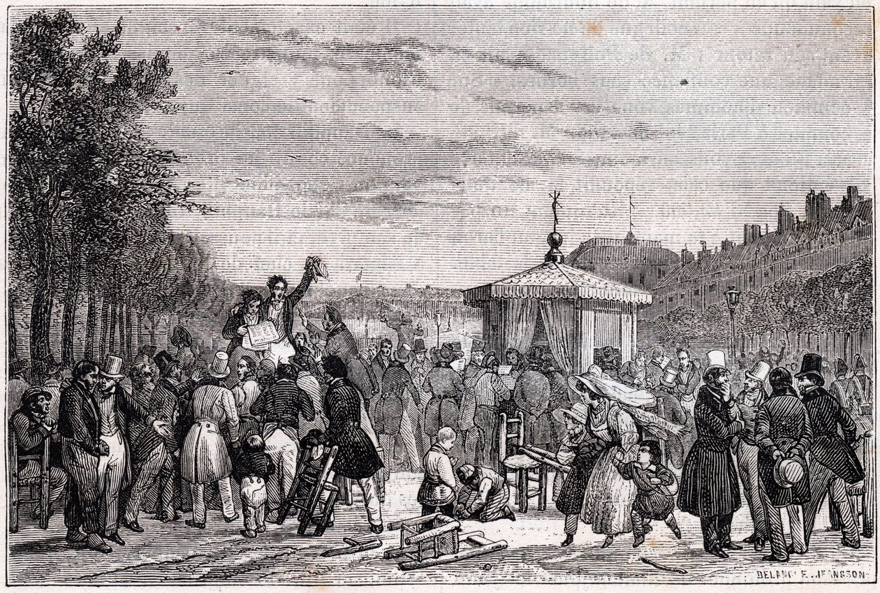 Čtení rozsudků zveřejněných v novinách Moniteur v zahradách královského paláce v Paříži 26. července 1830 během občanské války - revoluce 1830 - od Unknown