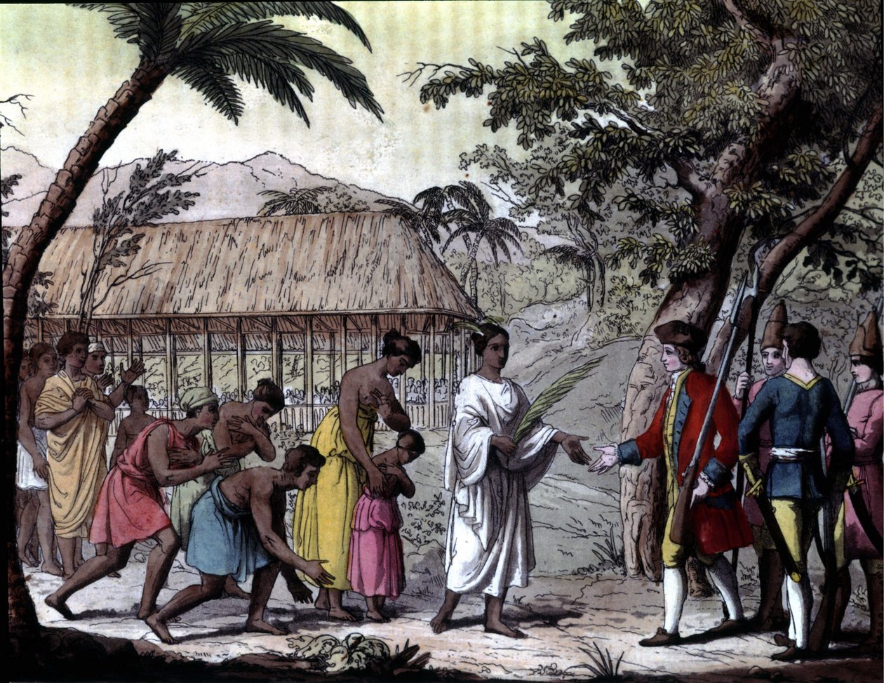 Přijetí mořeplavce Samuela Wallise královnou Oberea na Tahiti. “” Cookovy navigace”, Milan od Unknown artist
