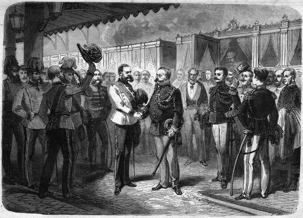 Přijetí italského krále Vittoria Emanuela II. (Victor Emmanuel) (Victor Emmanuel) (1820-1878) rakouským císařem Františkem Josefem I. (Francois-Joseph) (1830-1916) ve Vídni v roce 1873. Slavný vesmír”” od Unknown artist