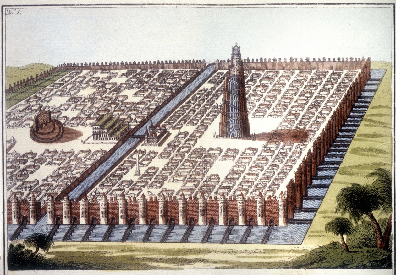 Zrekonstruovaný pohled na starobylé město Babylon s ohradou, visutými zahradami a zikkuratem. od Unknown artist