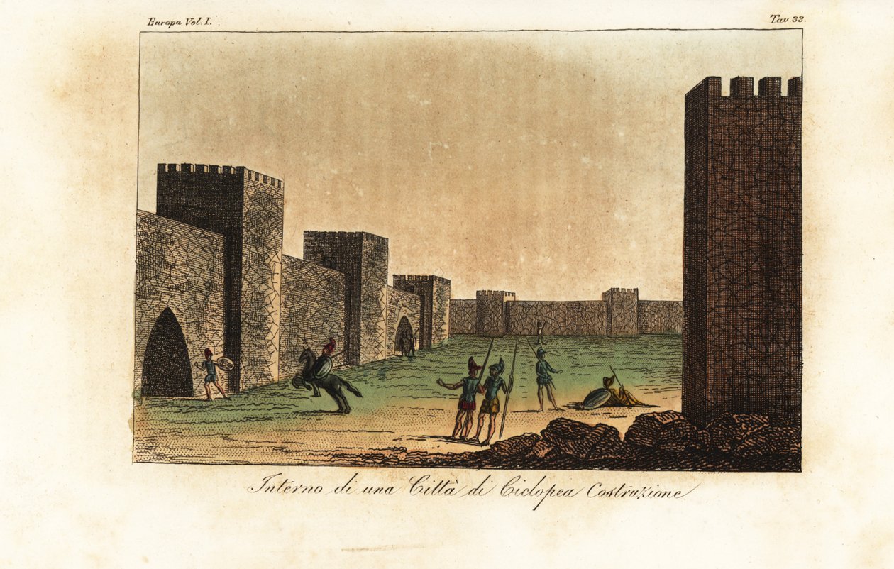 Rekonstrukce interiéru města postaveného v kyklopském zdivu, mykénská architektura od Unknown artist