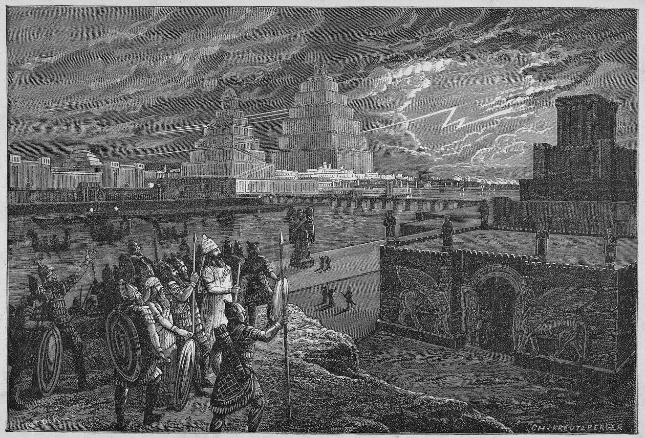 Rekonstrukce chrámů a paláců podél řeky Babylon - Mezopotámie: rekonstrukce města Babylon, postaveného za vlády krále Nabukadnezara II. od Unknown artist