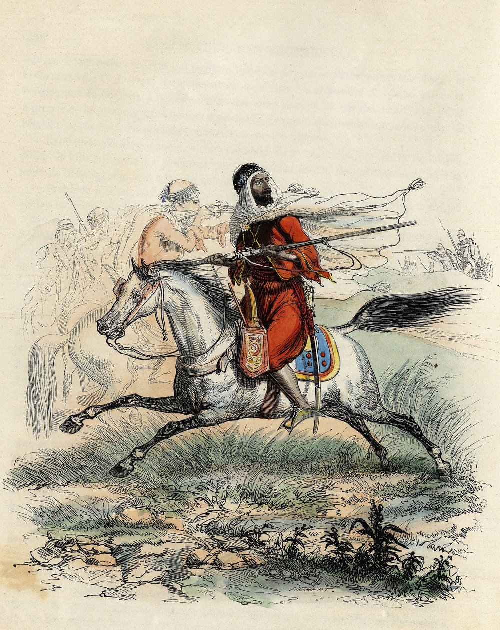 Rudí jezdci Emira Abd-el-Kadera uprchli před lovci na koních francouzské armády u Oranu v roce 1841, v „L