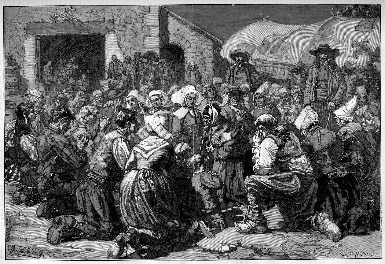 Regionální zvyk Francie, bretaňské manželství: žebrácké modlitby za manžele. Gravírování v „“Le Monde Illustré““ od Unknown artist
