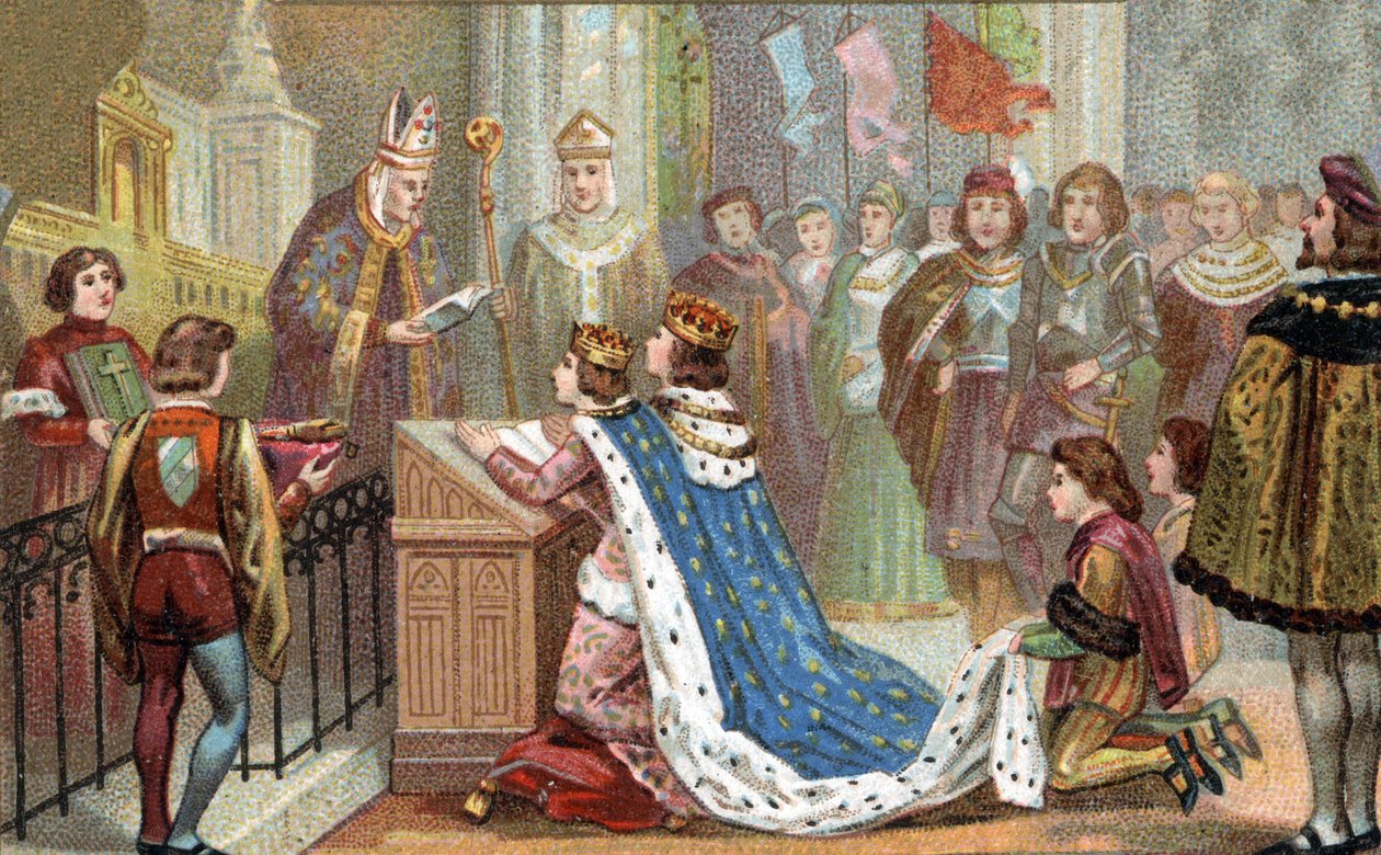 Vztah Bretaně k Francii: Ludvík XII. (1462-1515) se oženil s Annou de Bretagne (1477-1514). Jejich manželství sjednotilo Bretaň s Francií (1499). Chromolitografie konce 19. století. od Unknown artist