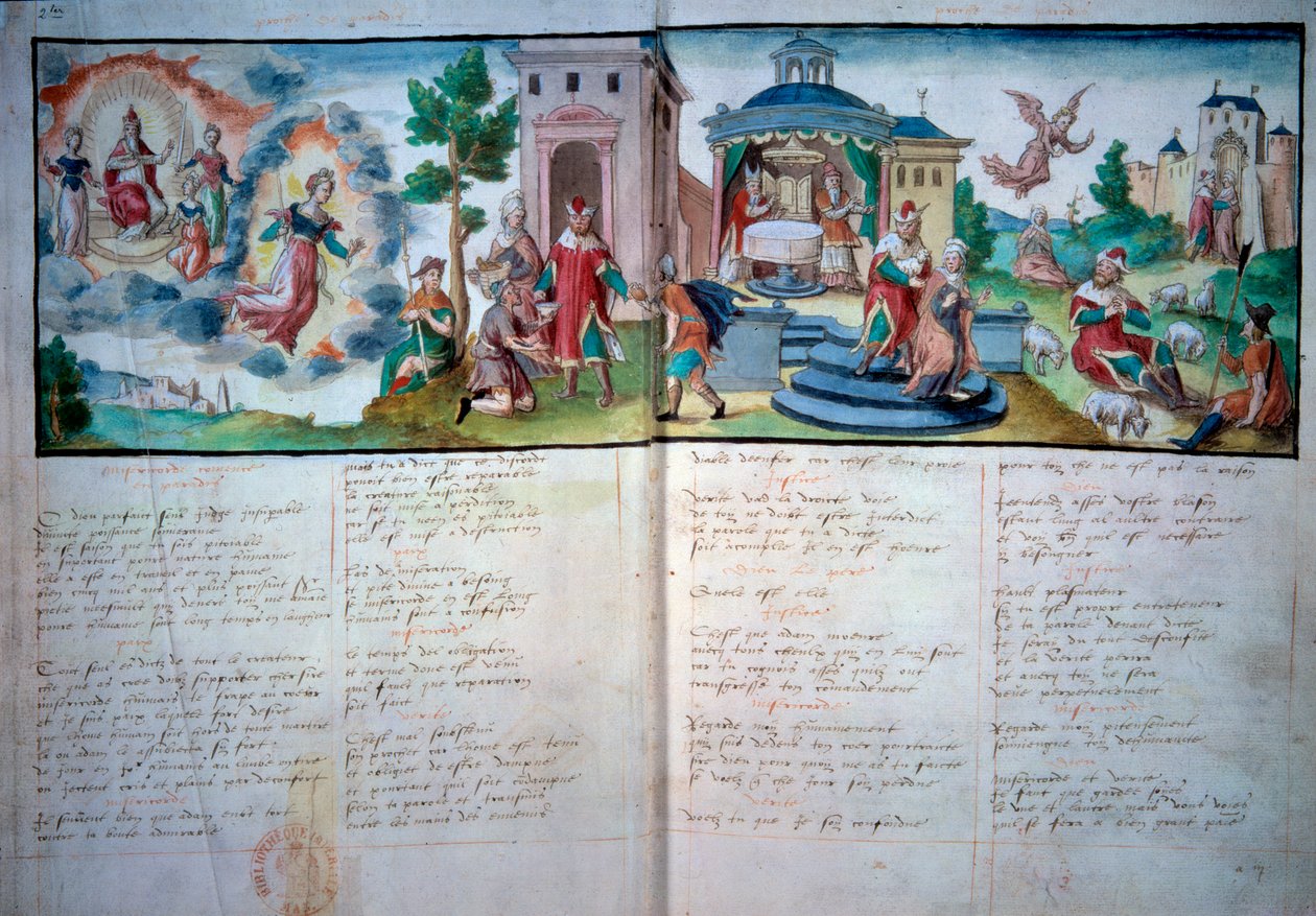 Náboženské divadlo: “” Passion and Resurrection”” hrané ve Valenciennes v roce 1547. Rukopisná strana s akvarelem, Paříž, B.N. od Unknown artist