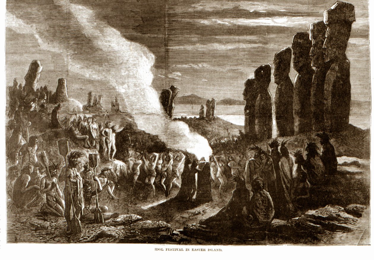 Náboženský obřad na Velikonočním ostrově (Rapa Nui), Polynésie. 19. století rytina. od Unknown artist