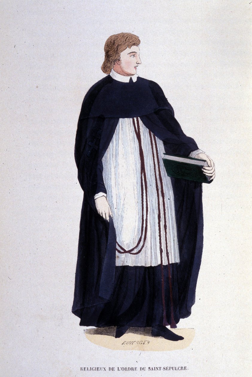 Řeholník Řádu Božího hrobu. Rytina z alba o řeholních řádech, Paříž od Unknown artist