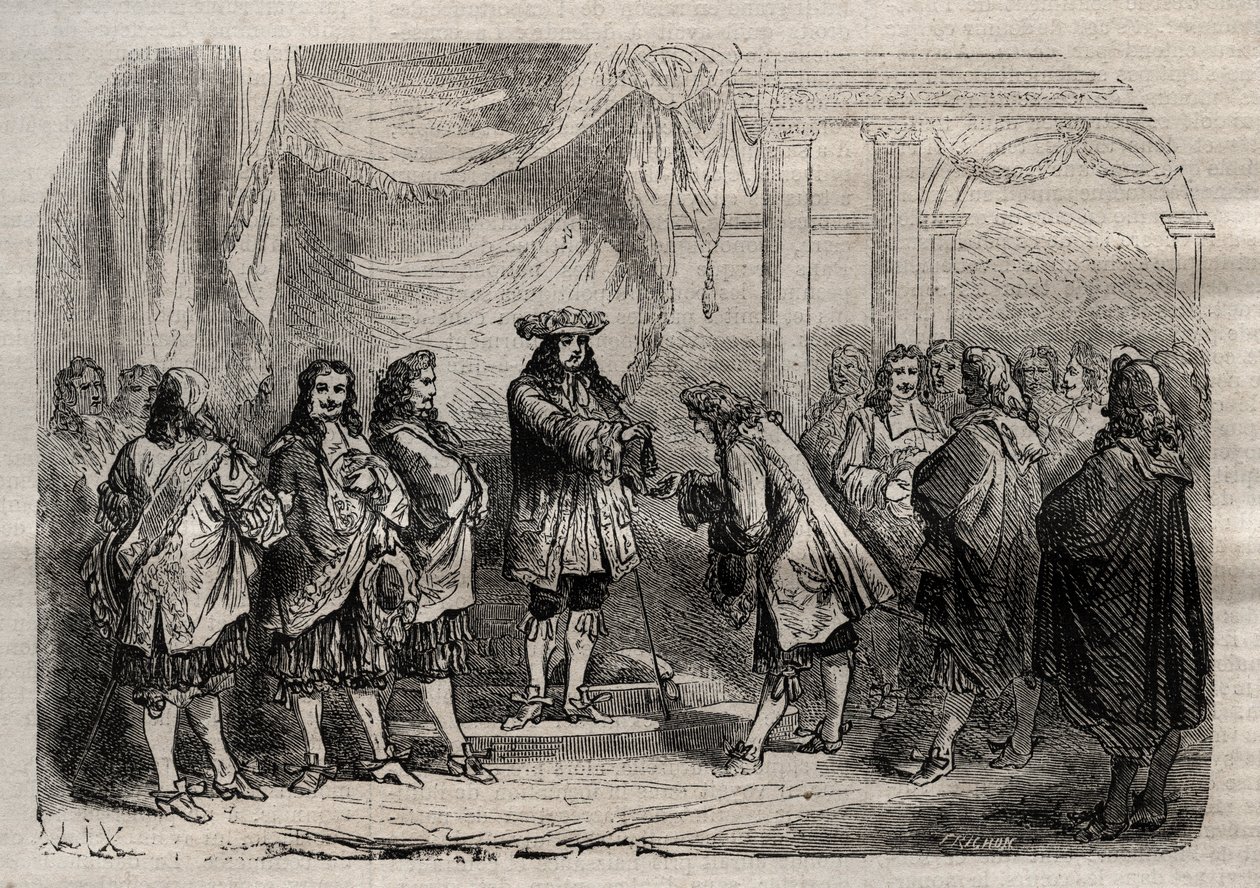Rene Duguay Trouin (Duguay-Trouin) (Rene Trouin du Gue dit) (1673-1736) přebírá kříž Saint-Louis z rukou krále Ludvíka XIV. - rytina do „“ Dictionnaire populaire llustrious“ – 1864 – od Josepha Decembra a Edmond Allonier - od Unknown artist