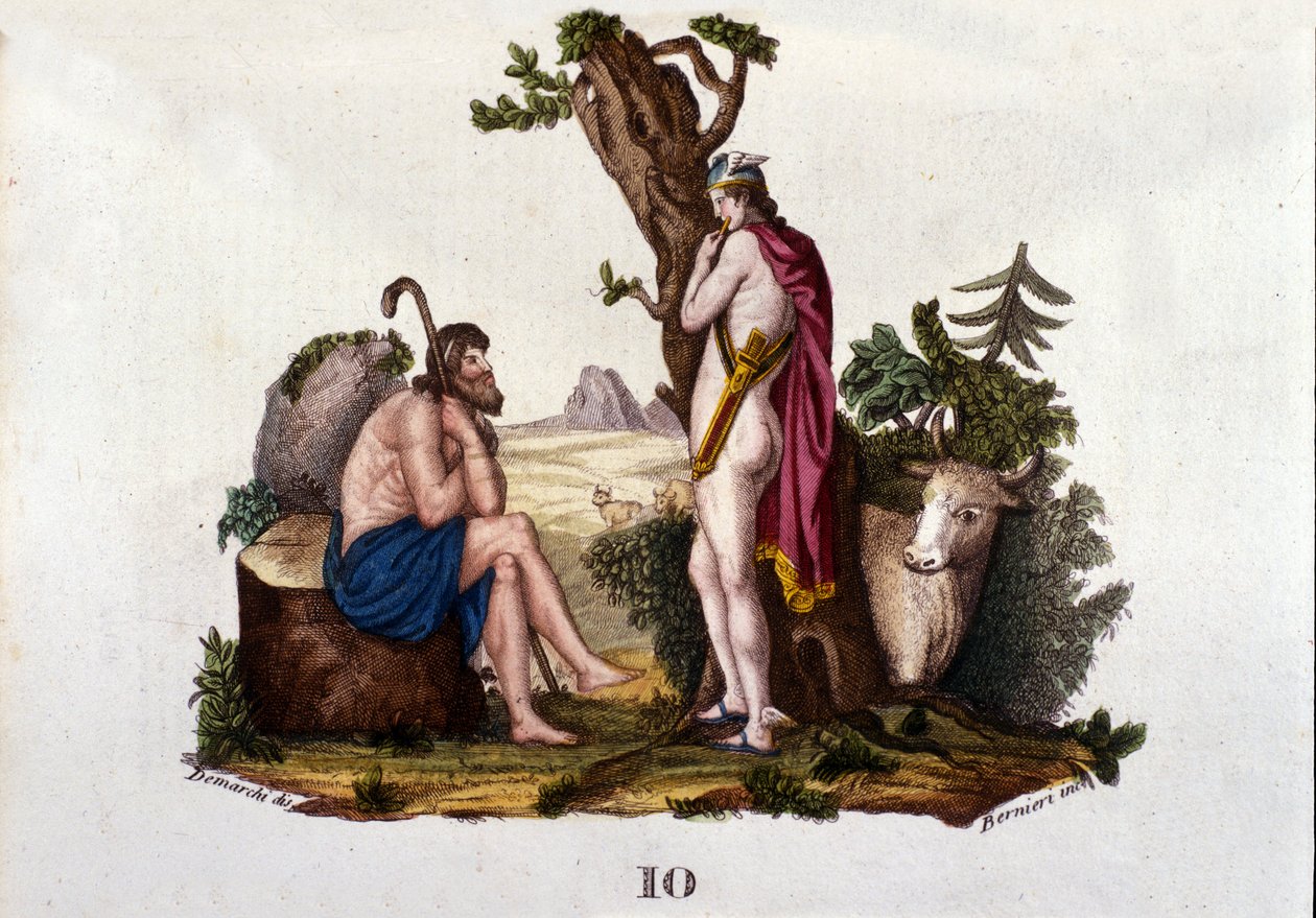 Reprezentace Argus a Io, přeměněné na krávu Merkurem. Deska převzata ze "" Slovníku mytologie "" 1888 od Unknown artist