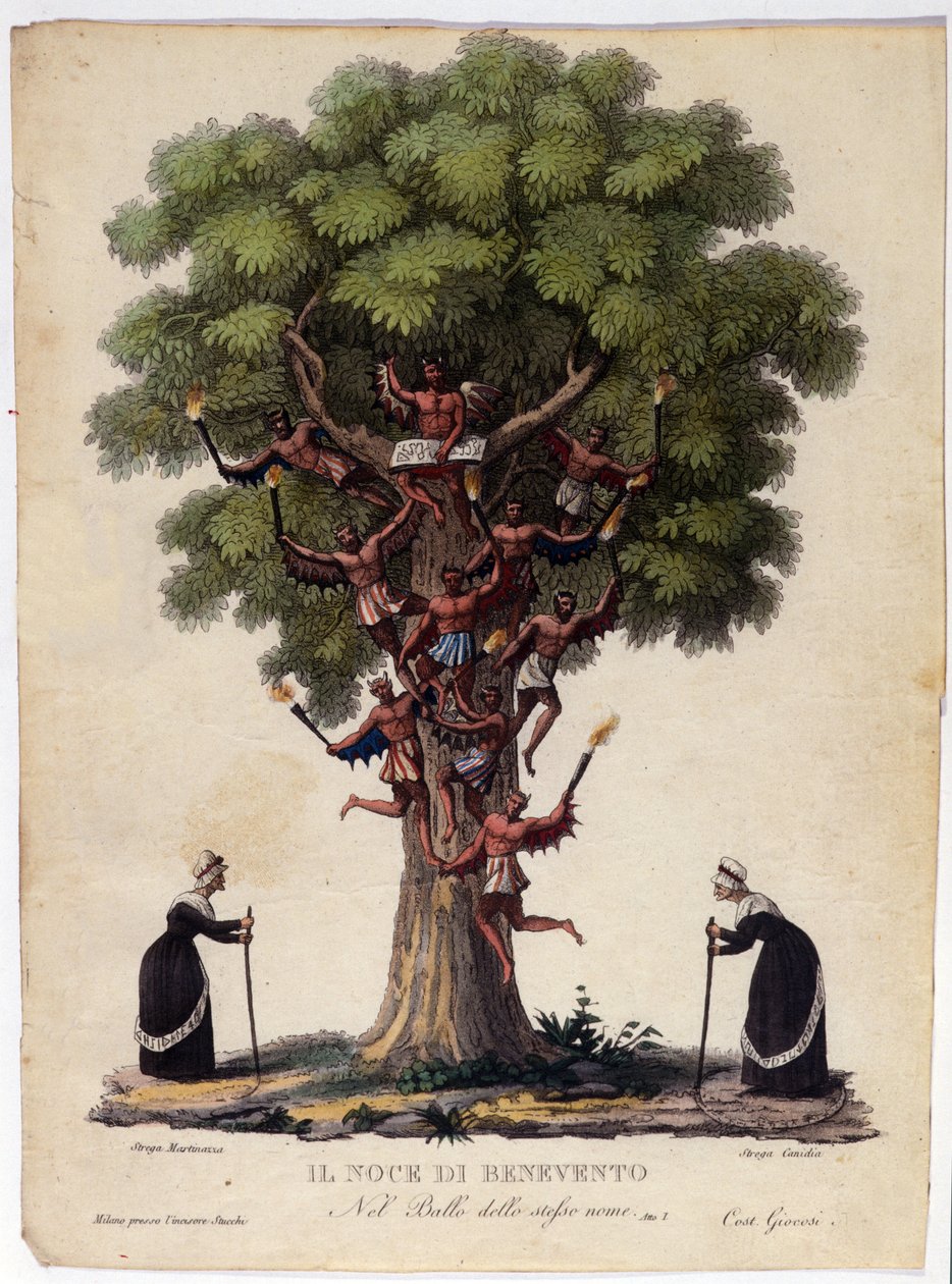 Znázornění Beneventského ořechu, čarodějnic a démonů legendy, která inspirovala balet „Il noce di Benevento““ rakouského skladatele Franze Xavera Sussmayra (1766-1803). Ilustrace 19. století od Unknown artist