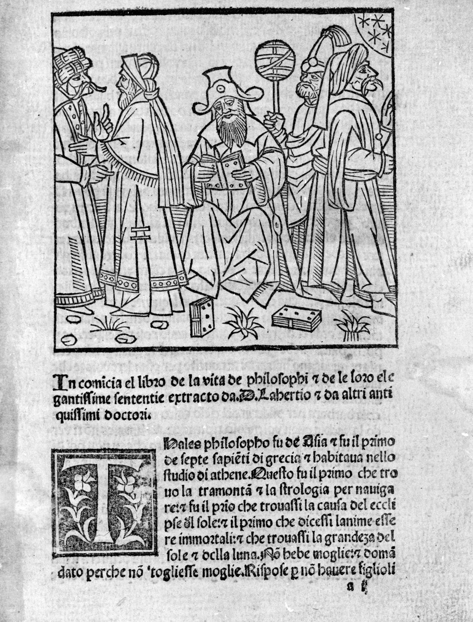 Reprezentace Diogena Laerce (120-240) (uprostřed) obklopuje různé myslitele a filozofy Stránka převzata z „“Životy, doktríny a věty slavných filozofů““ (Vitae Philosophorum) básníka a historika Diogena Laerce (120-240) 1499 od Unknown artist