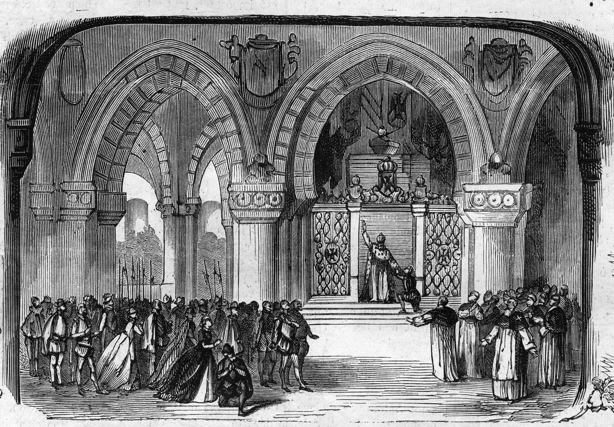Reprezentace opery Dona Carla (Don Carlos) v 5 jednáních Giuseppe Verdiho v Pařížské opeře 11. března 1867. Scéna 5. jednání: Klášter sv. Juste, zjevení Karla V. Rytina z roku 1867. od Unknown artist
