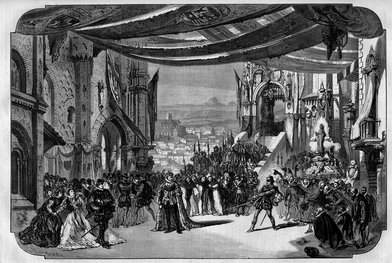 Reprezentace Dona Carla (Don Carlos) Opera v 5 jednáních Giuseppe Verdiho v Pařížské opeře 11. března 1867. Na Neuvilleově kresbě třetí jednání, čtvrtý obraz, scéna IX. od Unknown artist