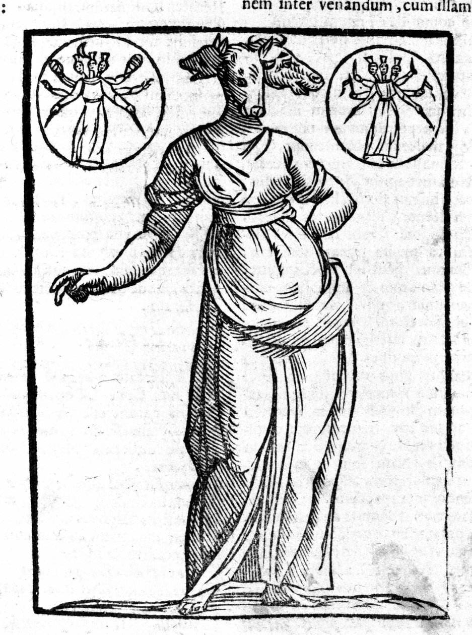 Znázornění Hekaté, řeckého zlého božstva, které bylo vztyčeno na křižovatce, mělo obvykle tři hlavy. Rytina 17. století. od Unknown artist