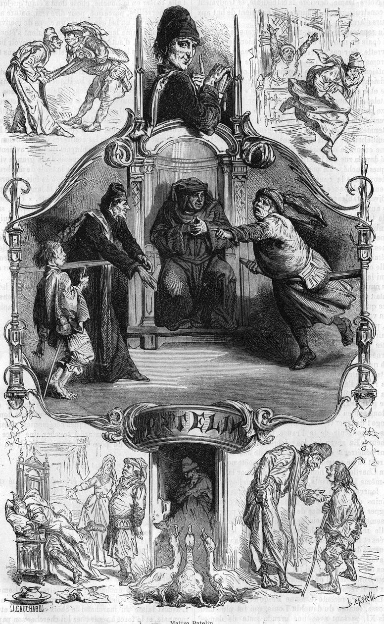 Představení mistra Patelina, známého „Farkou mistra Patelina“, která vypráví o neštěstích právníka a jeho pastýře. Rytina 19. století. od Unknown artist