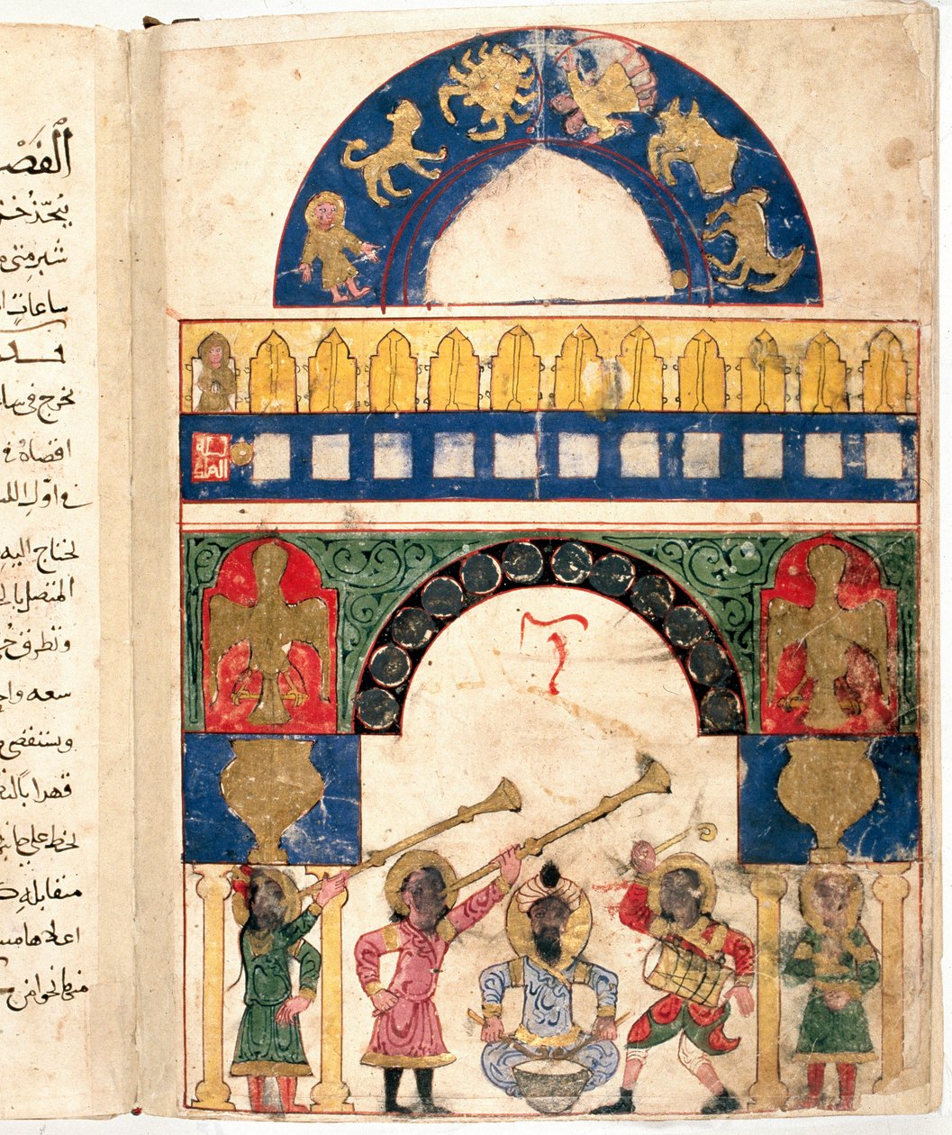 Znázornění vodní clepsydry (hodiny) navržené tureckým inženýrem Ibn al-Rajjaj al-Jazari (Al Rajjaj Al Jazari) (1136-1206) a kalendář. Rozlišuje kruh zvěrokruhu, Slunce, Měsíc od Unknown artist