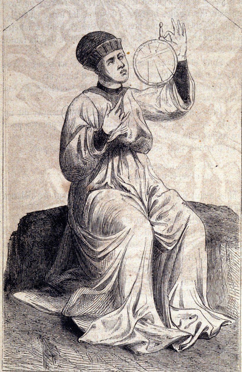 Znázornění astrologa pomocí astrolábu v 15. století. Rytina z „“De machinis Bellicis““ (stroje na sezení). od Unknown artist