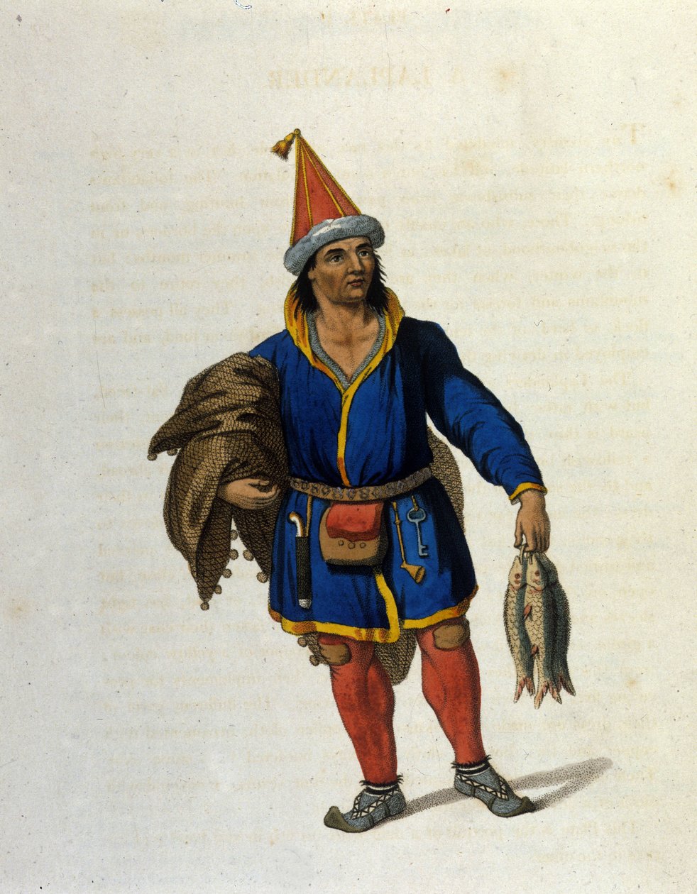 Zastoupení domorodého Sáma (žijícího na území Norska, Švédska, Ruska, Finska) vracejícího se z rybolovu. Rytina 19. století od Unknown artist