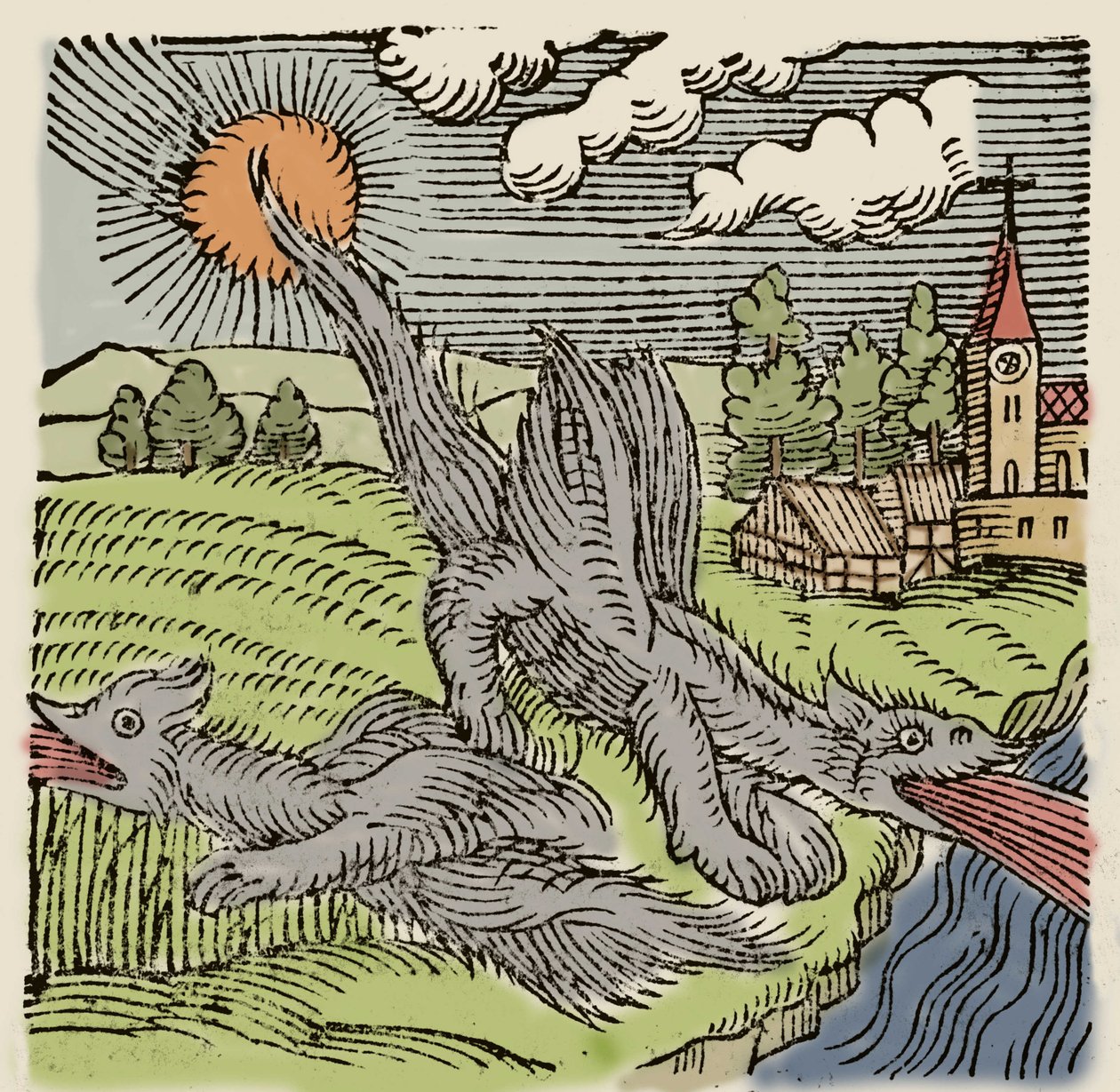 Zastoupení baziliky v letu hořící pšeničná pole. Rytina z „Prodigiorum ac ostentorum chronicon“ od Conrada Lycosthena (1518-1561). 1557. od Unknown artist