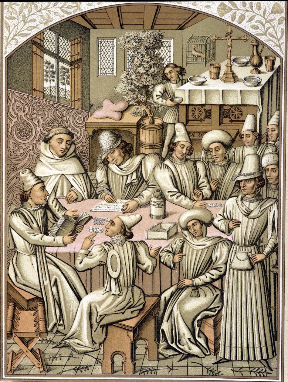 Zastoupení státních úředníků ve 14. století. chromolitograf z účetní knihy bratrstva „Dio e Nostra Signora“ od Unknown artist