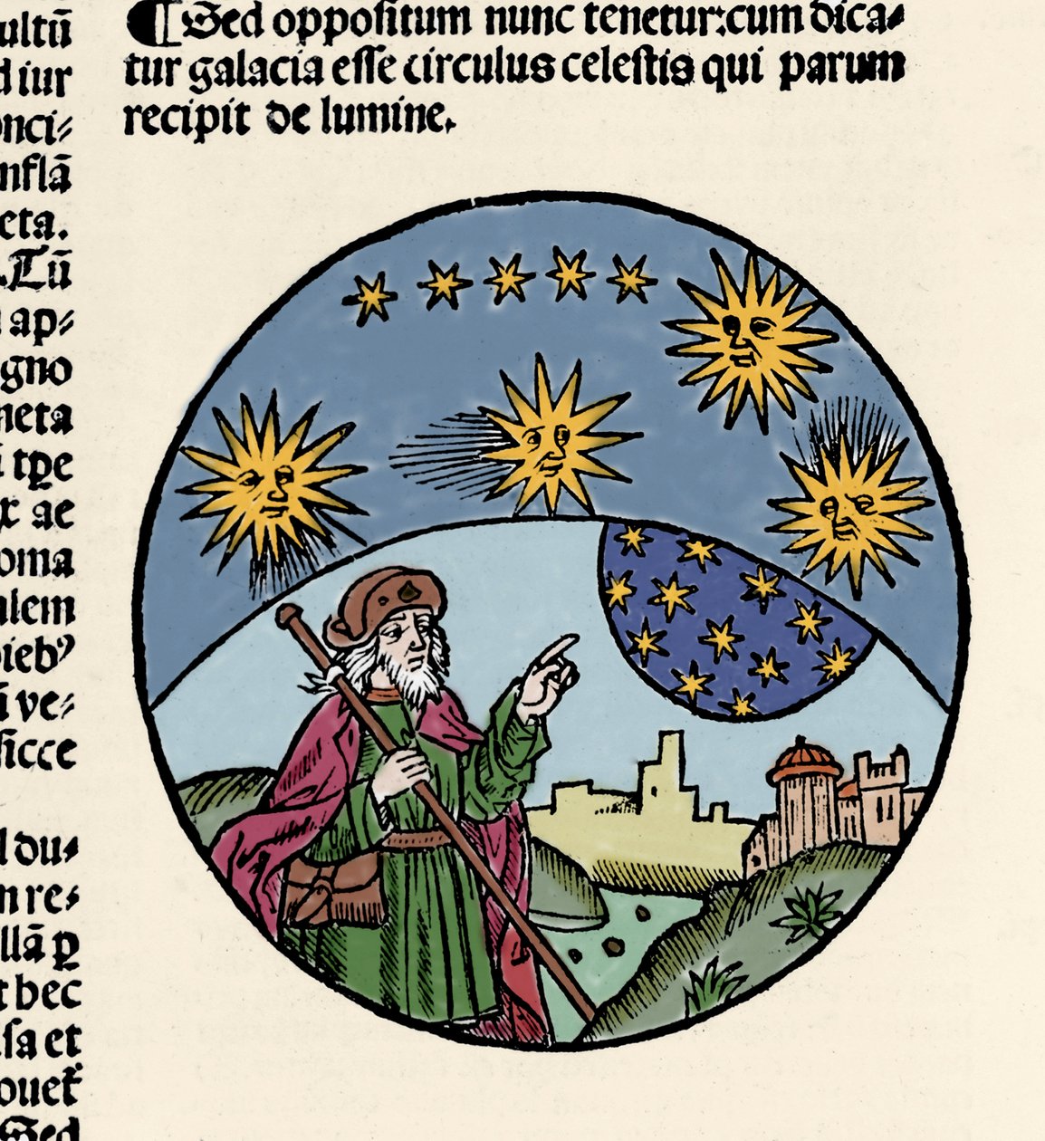 Znázornění řeckého filozofa Aristotela (384-322 př. n. l.) označující hvězdy. Rytina z cesty fyziky ""Zkrácený text Aristotela o osmi knihách o fyzice a celé přírodní filozofii"" od Thomase Bricota († 1516). 1496 od Unknown artist