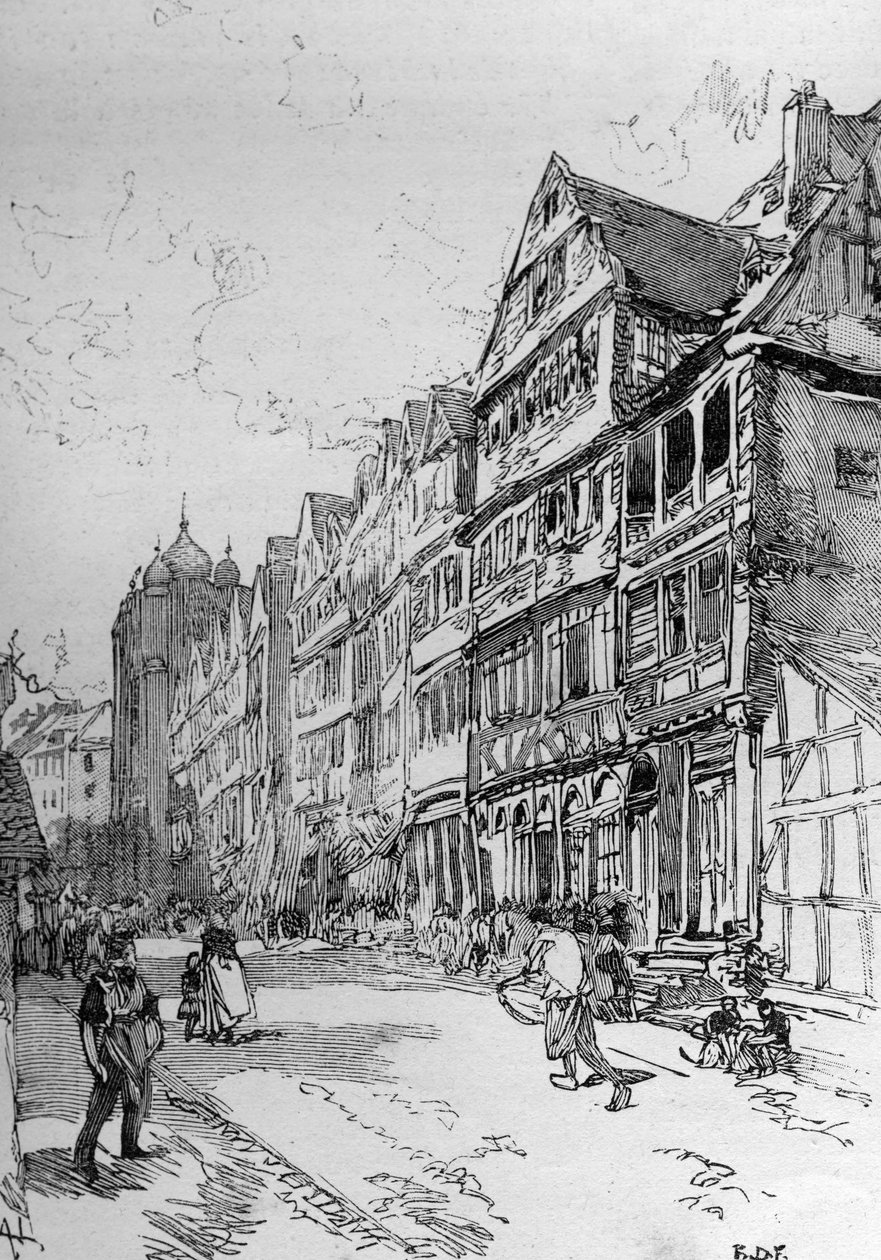 Zastoupení Židovské ulice ve Frankfurtu, rodišti Rothschildů. Gravírování do „“The Illustrous World““ od Unknown artist