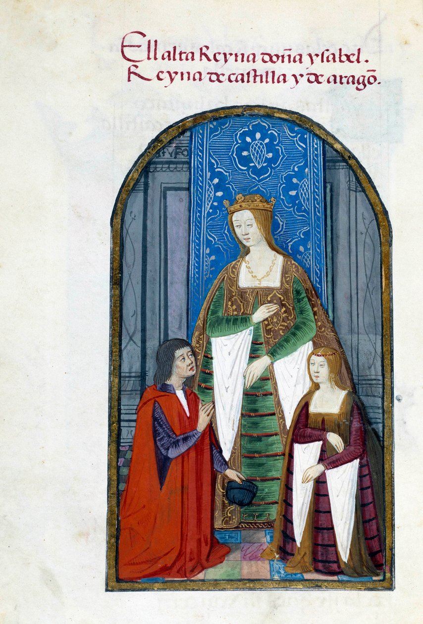 Zastoupení španělské královny Isabelly Katolické (1451-1504), její dcery Jeanne Iere the Folle (1479-1555) a Pedra Marcuella. Rukopisná stránka převzata ze „Sbírky oddanosti španělské královny Joan the Folle (1479-1555)“ od Pedra Mar od Unknown artist