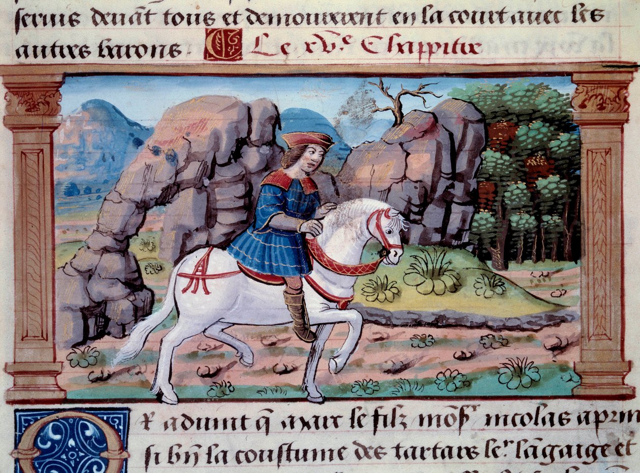 Znázornění benátského mořeplavce Marca Pola (1254-1324) na koni“ Miniatura převzatá z „“ The Book of Wonders““ (“”Devisement of the World””, “”Il Milione””) od Marca Pola (1254-1324 ). 1298. Paříž, Knihovna Arsenalu od Unknown artist