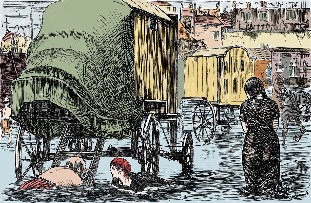 Znázornění lázeňské kabiny vynalezené v roce 1750 Benjaminem Bealeem: ženy uvnitř mají přístup k moři přímo z tohoto vozu taženého koňmi. Humorná kresba z „Punch Magazine“ 1870 od Unknown artist