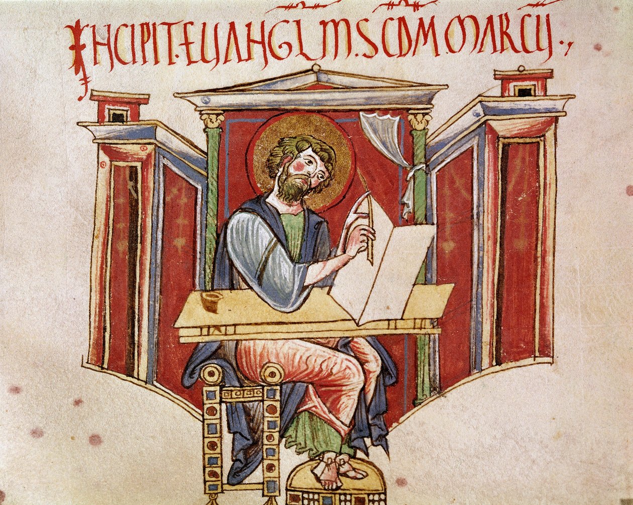 Znázornění miniatury evangelisty svatého Marka z rukopisu benediktinských mnichů „Liber evangeliarum““ Biblioteca Vallicelliana Řím z 11. nebo 12. století od Unknown artist
