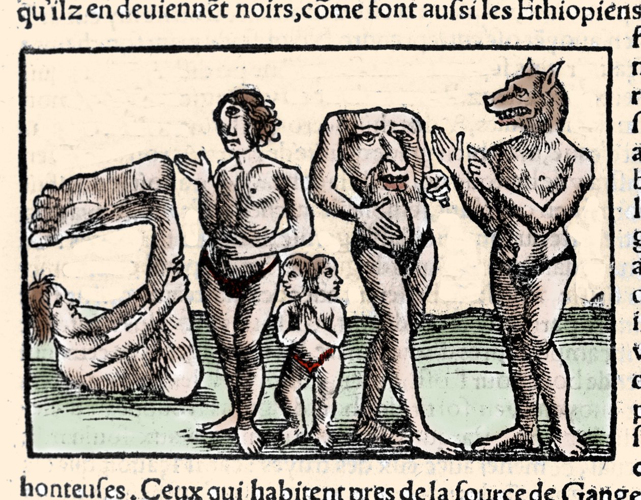 Znázornění nestvůr popsaných Amerigo Vespuccim (1451-1512): zleva doprava: manopod, kyklop, muž se dvěma hlavami, muž bez hlavy a muž se psí hlavou neboli kynocefalus. Xilografie převzata z knihy Sebastiena Munstera „Universal od Unknown artist