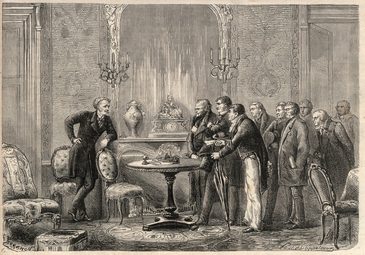Reprezentace hry „“Mercadet““ (Le Faiseur) od Honore de Balzac (1799-1850) v Comedie Francaise. Dějství III, scéna VI. Gravírování v „“L