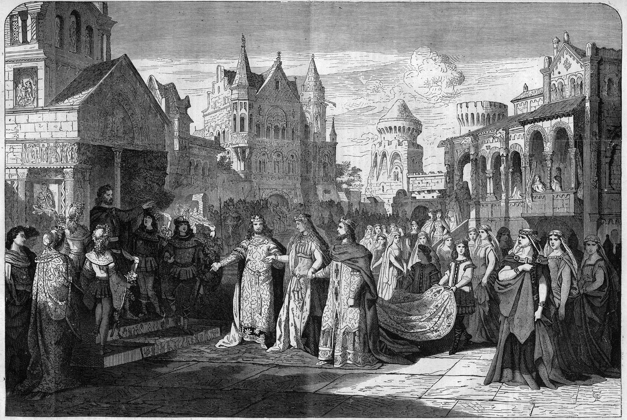 Reprezentace romantické opery „“Lohengrin““ od Richarda Wagnera (1813-1883), poslední scéna II. dějství, v Královském divadle v Mnichově, Německo. Gravírování v „The Illustrous Universe“ od Unknown artist