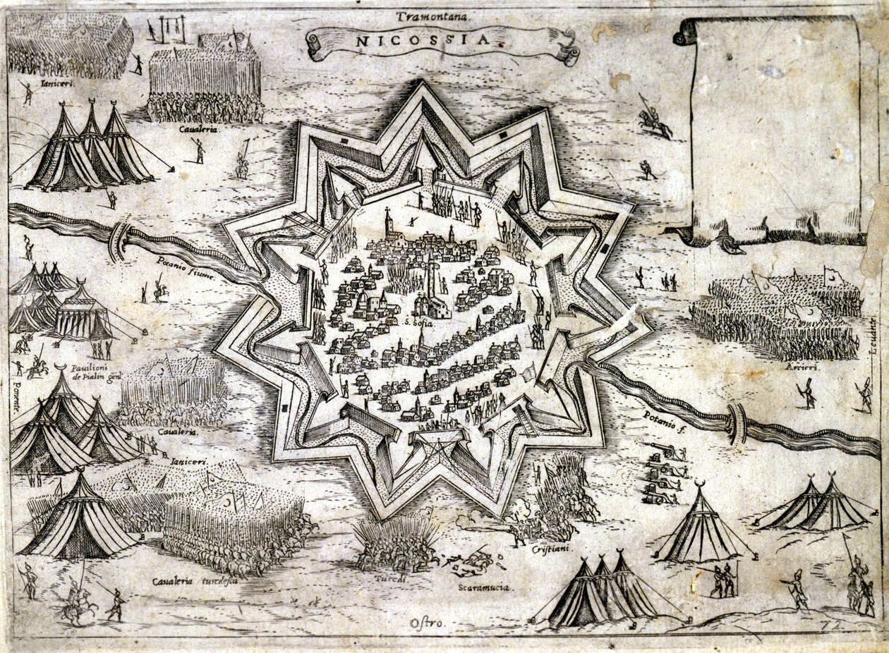 Znázornění obléhání Nikósie na ostrově Kypr v roce 1191 během 3. křížové výpravy Richardem Lví srdce. 16. století. od Unknown artist
